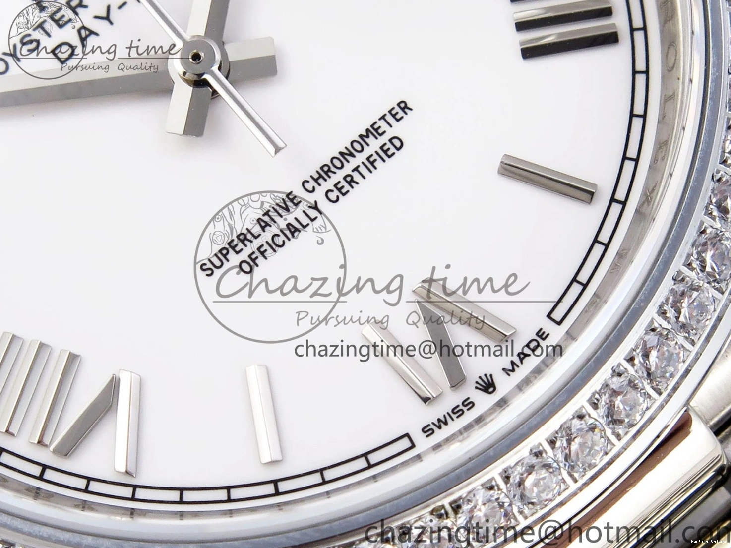 1224 DayDate 40 SS GSF Gain Weight White Roman Dial Diamonds Bezel on President Bracelet A Sustainable 1920
